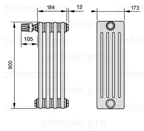 Схема (чертеж) Радиатор Zehnder Charleston 5090/4 №V011 Белый глянцевый RAL 9016